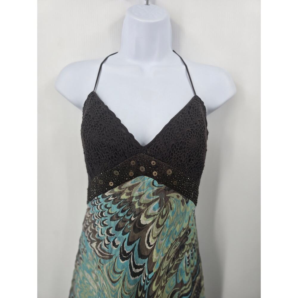 Laundry Shelli Segal Vintage Y2K Halter Maxi Dress Silk Beaded Crochet Boho 10 - Picture 4 of 14